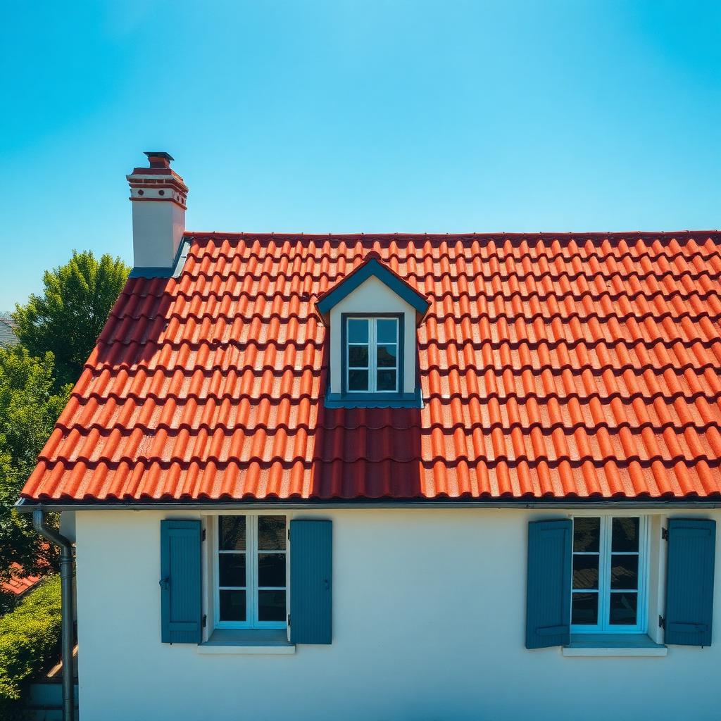 Maison normande avec toiture en tuiles peintes en blanc réfléchissant